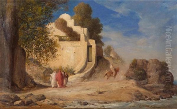 Orientalische Kustenlandschaft Mit Personen Und Reiter Oil Painting by Paul Delamain