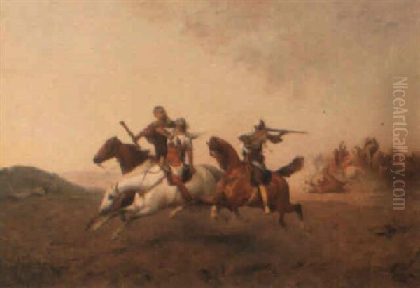 Fleeing An Ambush In The Desert Oil Painting by Paul Delamain