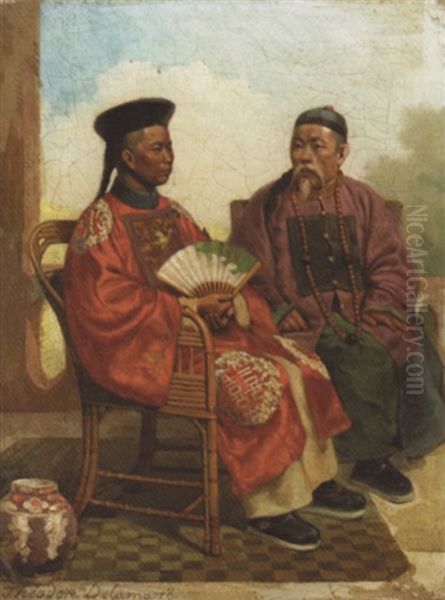 Chinese Gentlemen In Conversation Oil Painting by Theodore Didier Delamarre