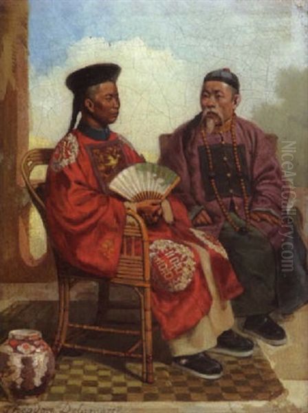 Zwei Chinesen Im Gesprach Oil Painting by Theodore Didier Delamarre