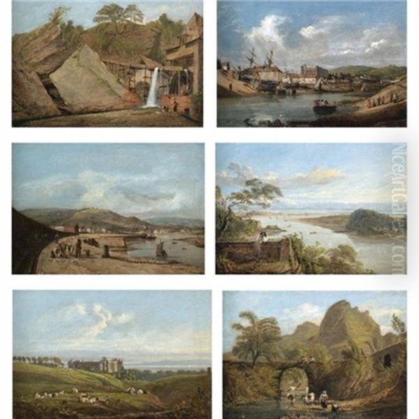 Aberdyllis Mill, Yale Of Neath (+ 5 Others; Set Of 6) Oil Painting by George Orleans Delamotte