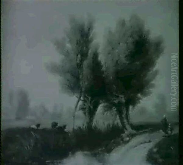 Figures On A Path Before A Stream With Watermeadows And     The Skyline Of Oxford Beyond by William Alfred Delamotte