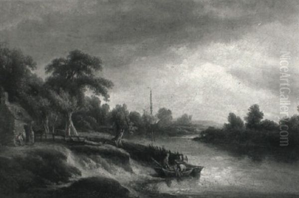 Wooded River Landscape With Figures And Boats Moored Beside Cottages Oil Painting by William Alfred Delamotte