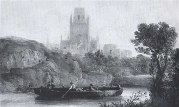 Landscape With Barges On A River Beneath A Church And Ruined Castle Oil Painting by William Alfred Delamotte