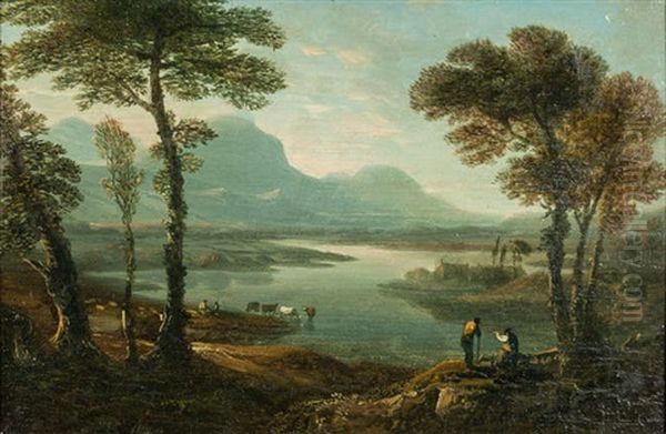 Lake And Mountain Landscapes With Figures, A Pair Oil Painting by Solomon Delane