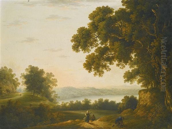 View Of Lake Nemi, Italy And A Wooded Landscape With A Waterfall (pair) Oil Painting by Solomon Delane