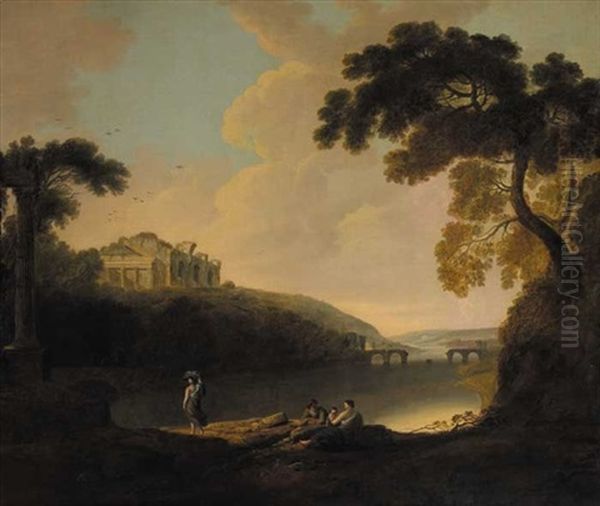 In Arcadia (italianate Landscape With Figures By A River And Ruined Acropolis In Distance) Oil Painting by Solomon Delane