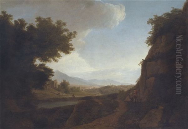 An Italianate Landscape With Figures In The Foreground And Buildings Beyond Oil Painting by Solomon Delane