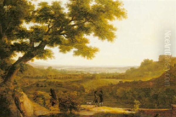 Landscape With Gentlemen In Teh Foreground, View Of Rome Beyond Oil Painting by Solomon Delane