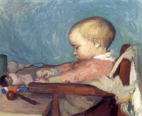 Enfant Assis Avec Sa Poupee Oil Painting by Aristide Delannoy