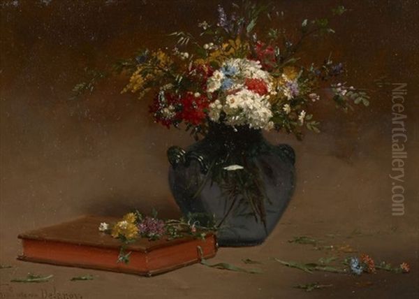 Composition Au Livre Et Au Vase De Fleurs Oil Painting by Hippolyte Pierre Delanoy