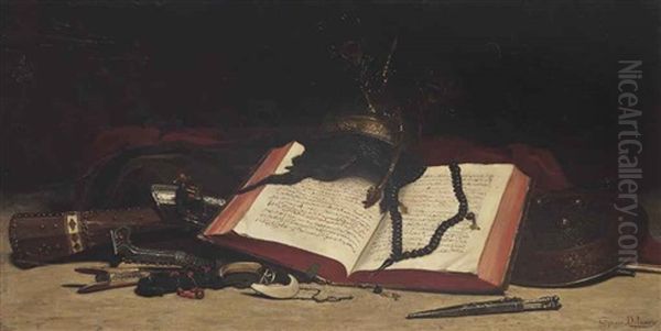 An Open Book With Ottoman Artefacts Oil Painting by Hippolyte Pierre Delanoy