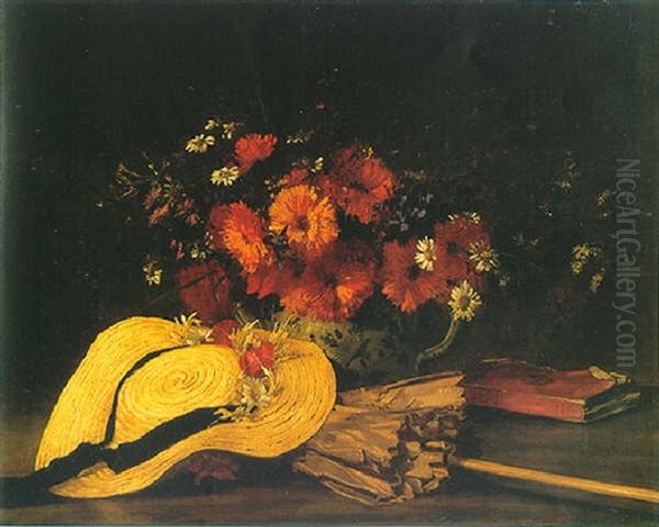 Nature Morte Aux Fleurs Et A L'ombrelle Oil Painting by Hippolyte Pierre Delanoy