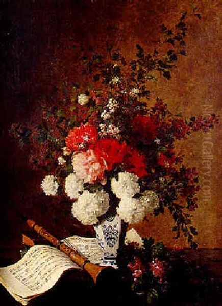 Hortensias, Pivoines, Partition Et Clarinette Oil Painting by Hippolyte Pierre Delanoy