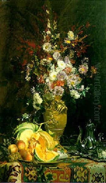 Nature Morte Aux Fleurs Et Potiron Oil Painting by Hippolyte Pierre Delanoy