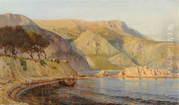 Figures In A Boat Off A Rocky Coastline Oil Painting by Charles Samuel Delapeine