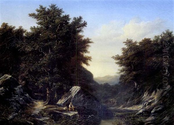 Bewaldete Bachlandschaft Mit Angler Oil Painting by Charles Samuel Delapeine