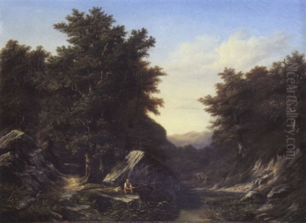 Bewaldete Bachlandschaft Mit Angler Oil Painting by Charles Samuel Delapeine