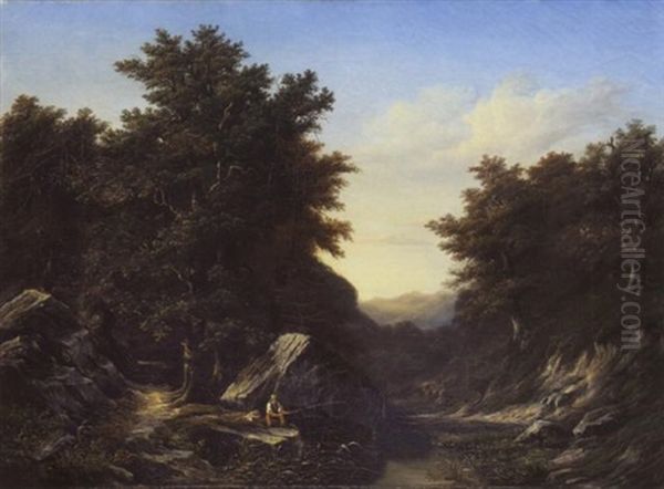 Bewaldete Bachlandschaft Mit Angler Oil Painting by Charles Samuel Delapeine