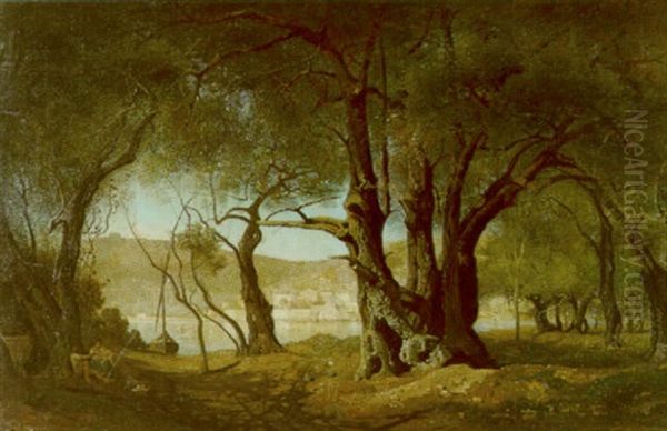 Sudliche Landschaft Mit Grosen Baumen Und Familie Im Vordergrund Oil Painting by Charles Samuel Delapeine