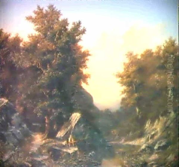 Bewaldete Flusslandschaft Mit Einem Fischer In Der Dammerung Oil Painting by Charles Samuel Delapeine