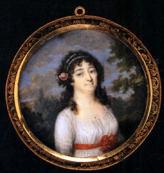 A Lady  In White Dress With Red Ribbon Waistband, Her Dark Hair Decorated With Pearls And A Pink Rose Oil Painting by Jacques Delaplace