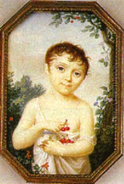 Enfant Avec Les Bras Charges De Cerises Oil Painting by Jacques Delaplace