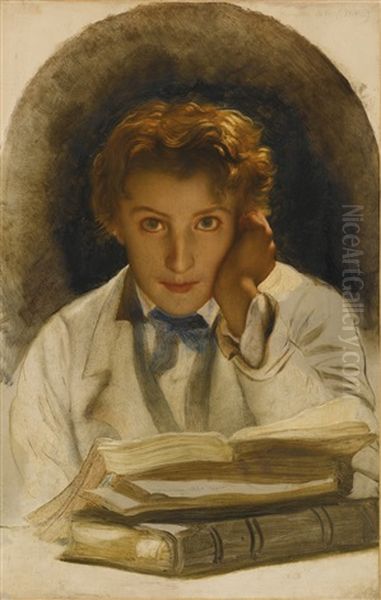 Portrait Of Joseph-carle-paul-horace Delaroche, Son Of The Artist, Half Length With A Pile Of Books Oil Painting by Paul Delaroche