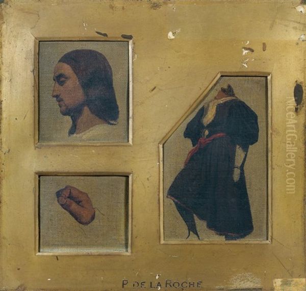 Une Tete De Profil (after Raphael), Un Corps (after Raphael) Et Une Main De Profil (after Giorgione) (3 Works) Oil Painting by Paul Delaroche