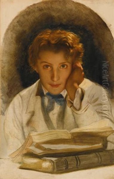 Portrait Of Joseph-carle-paul-horace Delaroche, Son Of The Artist, Half Length With A Pile Of Books Oil Painting by Paul Delaroche