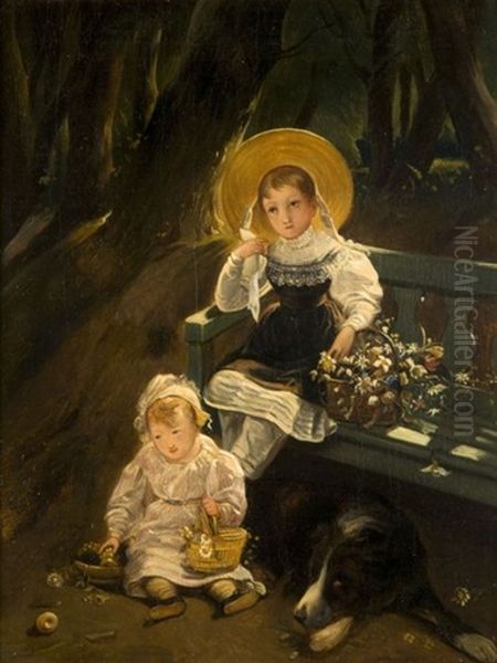 Portrait Des Enfants De Madame Morel Danville Dans Un Parc Oil Painting by Paul Delaroche