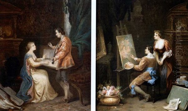 La Lecon De Peinture (+ La Lecon De Musique; Pair) Oil Painting by Paul Delaroche