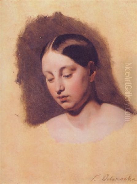 Portrait Of The Head Of A Young Woman - Madame Delaroche? Oil Painting by Paul Delaroche