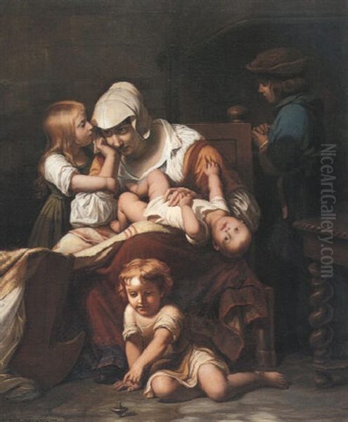 Jeune Mere Et Ses Enfants Oil Painting by Paul Delaroche