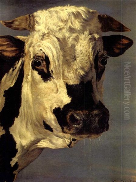 Head Of A Bull (after Paulus Potter) Oil Painting by Henri Delattre