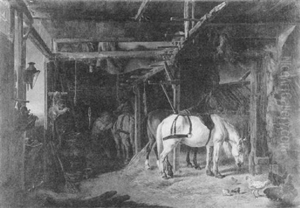 Chevaux A L'ecurie Oil Painting by Henri Delattre