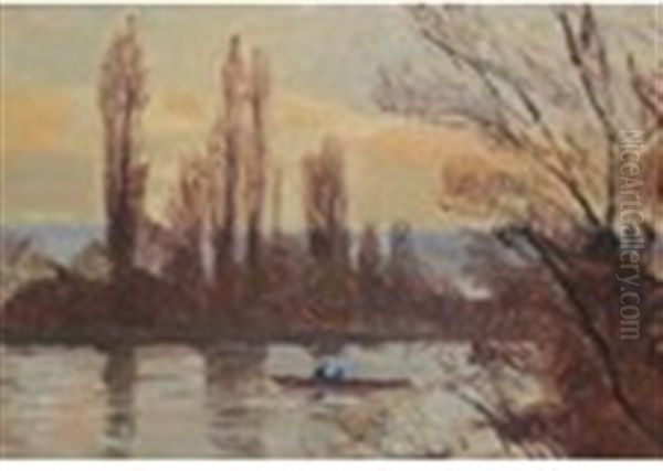 Rural River View With Figures In A Boat Oil Painting by Joseph Marie Louis Delattre