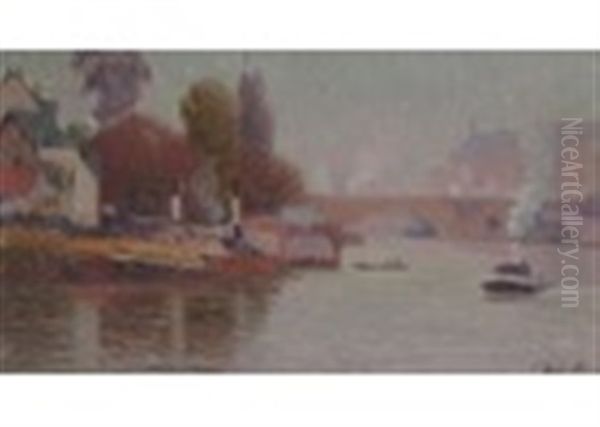 River Scene With Steam Boats By A Bridge Oil Painting by Joseph Marie Louis Delattre