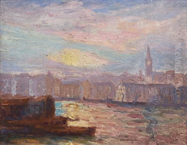 Le Port De Rouen Au Coucher Du Soleil Oil Painting by Joseph Marie Louis Delattre