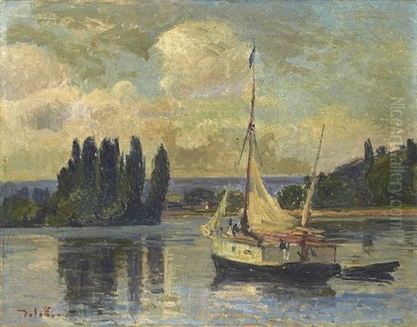 Voilier En Bord De Seine Oil Painting by Joseph Marie Louis Delattre