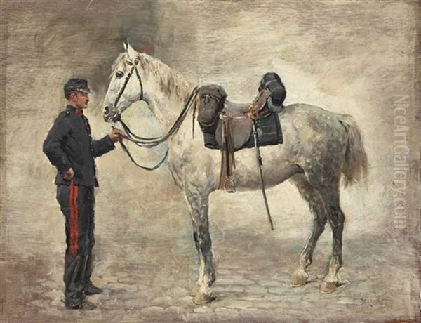 Cheval Selle Tenu Par Un Lad by Jules Delaunay