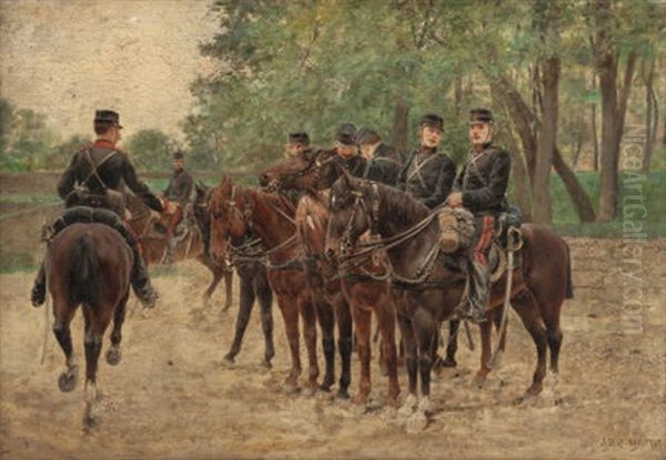 French Military On Horseback Oil Painting by Jules Delaunay