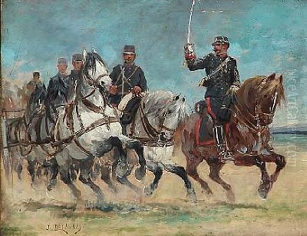 French Soldiers In Horseback Oil Painting by Jules Delaunay