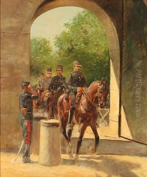 Horse Artillery Passing A French Soldier Oil Painting by Jules Delaunay