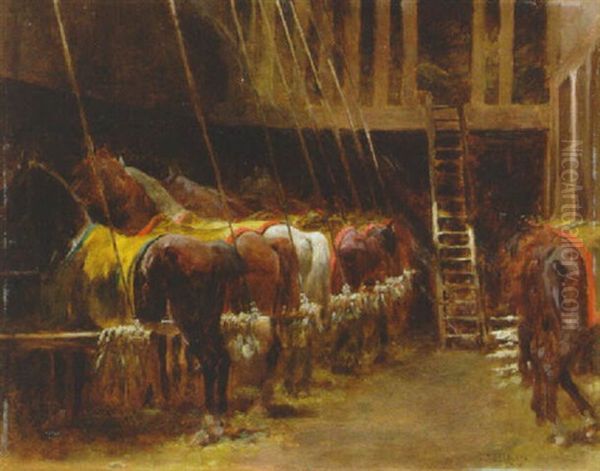 Horses In The Stable Oil Painting by Jules Delaunay