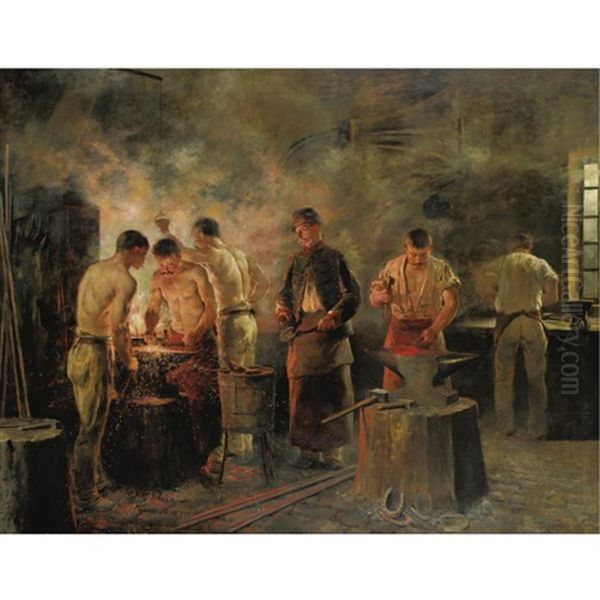 In The Military Forge Oil Painting by Jules Elie Delaunay