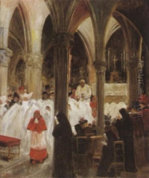 Erstkommunion In Gotischer Kirche Oil Painting by Jules Elie Delaunay