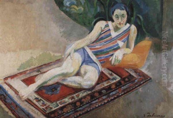 Portrait De Femme Sur Un Tapis Oil Painting by Robert Delaunay