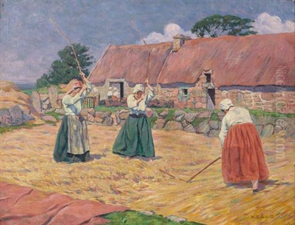 Les Batteuses De Ble Ou Cour De De Ferme A Benarven - Bretonnes Aux Fleaux Oil Painting by Henri Delavallee