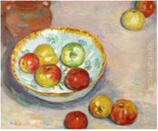 Nature Morte Aux Pommes Et A La Coupe De Faience Oil Painting by Henri Delavallee